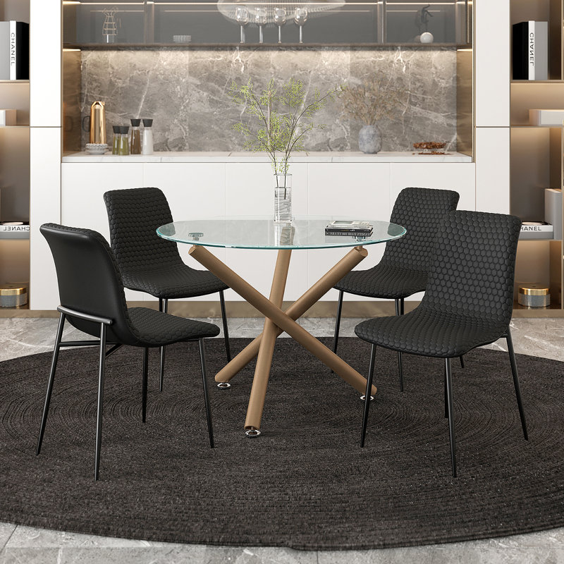 Ensemble de salle à manger 5 pièces - Table dorée vieillie avec chaise noire