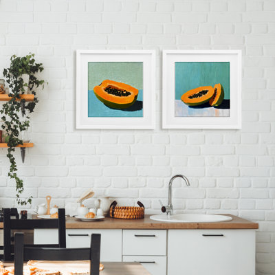 Papaya on Blue Still Life 2pc Framed Print Under Glass Set, design by Walker Noble