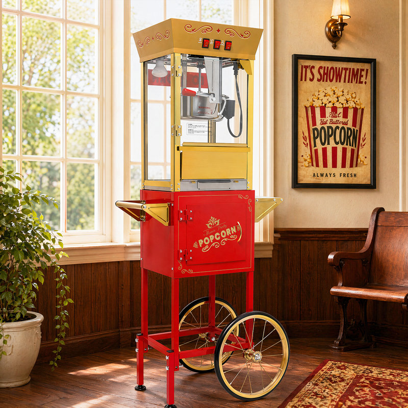 Chariot à maïs soufflé 12Oz - Machine à maïs soufflé de style antique avec outils de service et pneus de vélo, Red