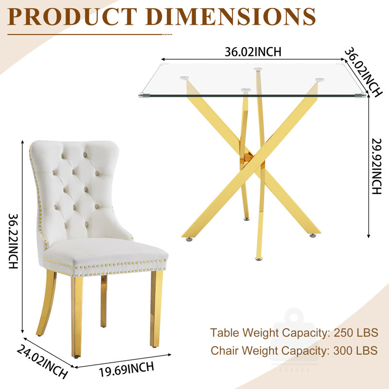  Modern Square Glass Dining Table Set for 2, 36" Tempered Glass Top with Velvet Tufted Nailhead Trim Chairs, Clear/White/Gold