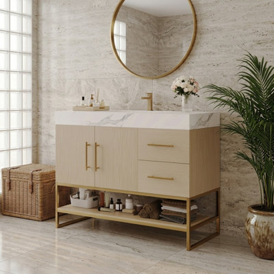 Meuble-lavabo simple autoportant de 36,1 po de style moderne, comptoir en pierre frittée avec évier intégré en céramique sans couture, pieds en acier inoxydable doré et tiroirs de rangement