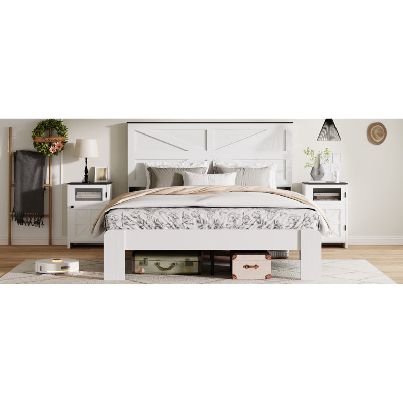 Structure de lit pour grand lit en bois blanc et métal avec tête de lit, bruit, sans sommier, assemblage facile, style industriel, lit plateforme en forme de mi-chambre, design, look simple et élégant, rangement sous le comptoir