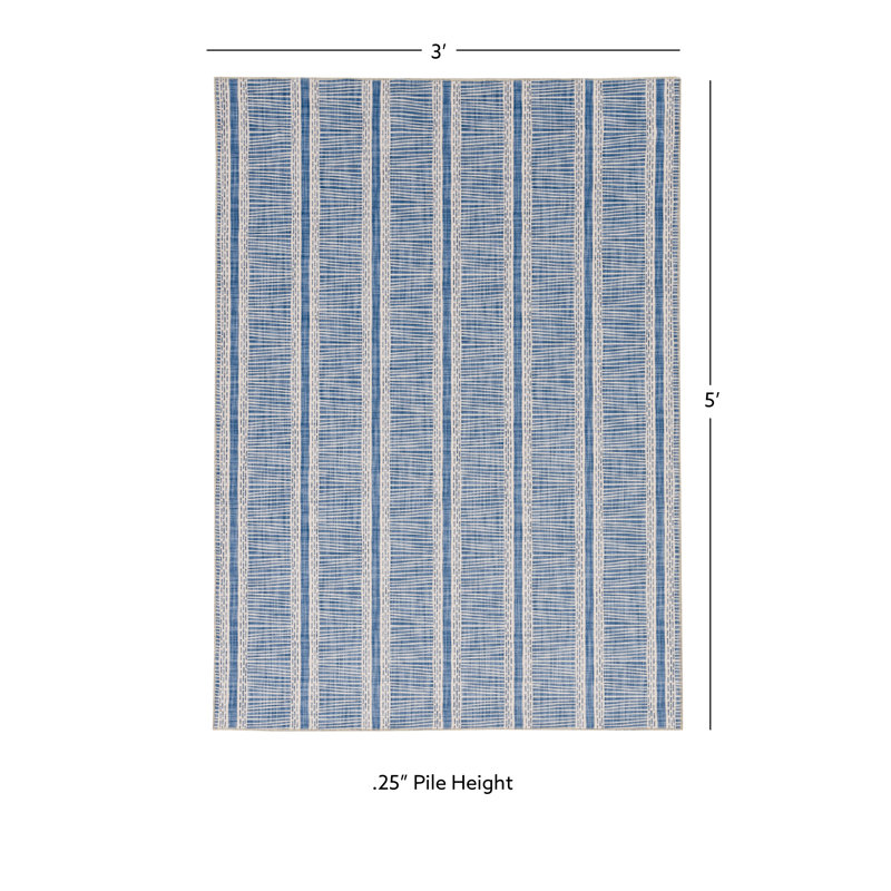 Joris Machine Washable Ivory and Blue Area Rug, Rectangle 3' x 5'
