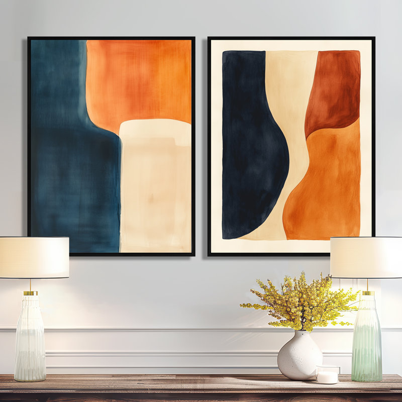 Formes abstraites équilibrées I - Tableau en deux parties aux formes modernes abstraites, 32" H x 48" W, Black Floater Framed