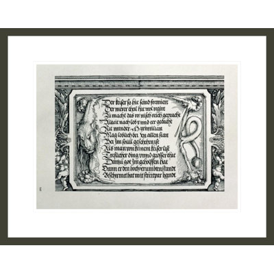 L'arche de triomphe de l'empereur Maximilien Ier d'Allemande (1459-1519): détail de la base de la colonne portale portant un relief sculpté d'une silhouette masculine portant un pub avec armoiries couronnées. 1517/18 par Albrecht Dürer, impression giclée sur cadre