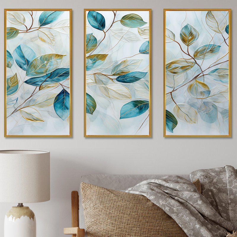 Green Leaves Charm Liquid Art - Leaves Canvas Wall Art Set, Gold Floater Framed, 32" H x 48" W x 1" D