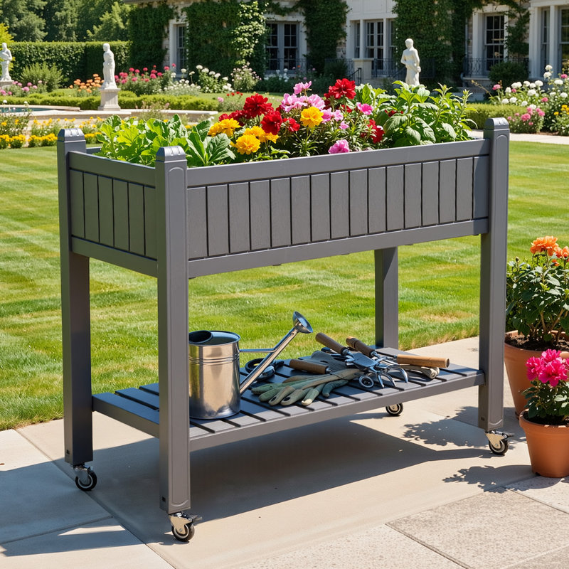 Resin Planter Box With Wheels, Grey