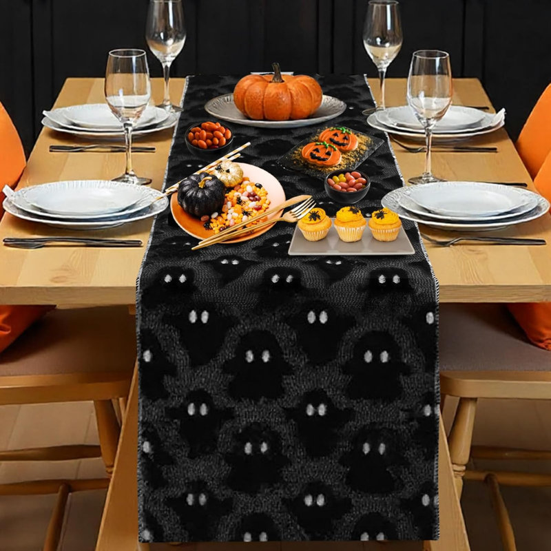 Halloween Ghost Table Runner 13×72 in, Soft Plush Table Cloth Spooky Fall Dining Kitchen Party Indoor Decoration (Black)