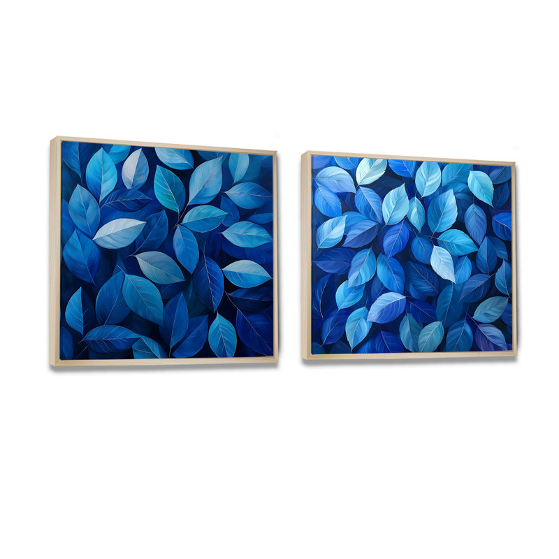 «Cobalt Leaves In Moon Light Collage I», art mural feuilles, art mural traditionnel sur toile 2 pièces, H 16 po x l 33 po
