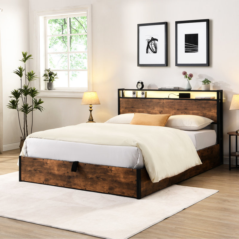 Queen Size Platform Bed With Storage, Led Lights & Headboard Extra Rustic Brown For Bedroom Comfort Storage Frame In Brown, Bookcase A Peaceful