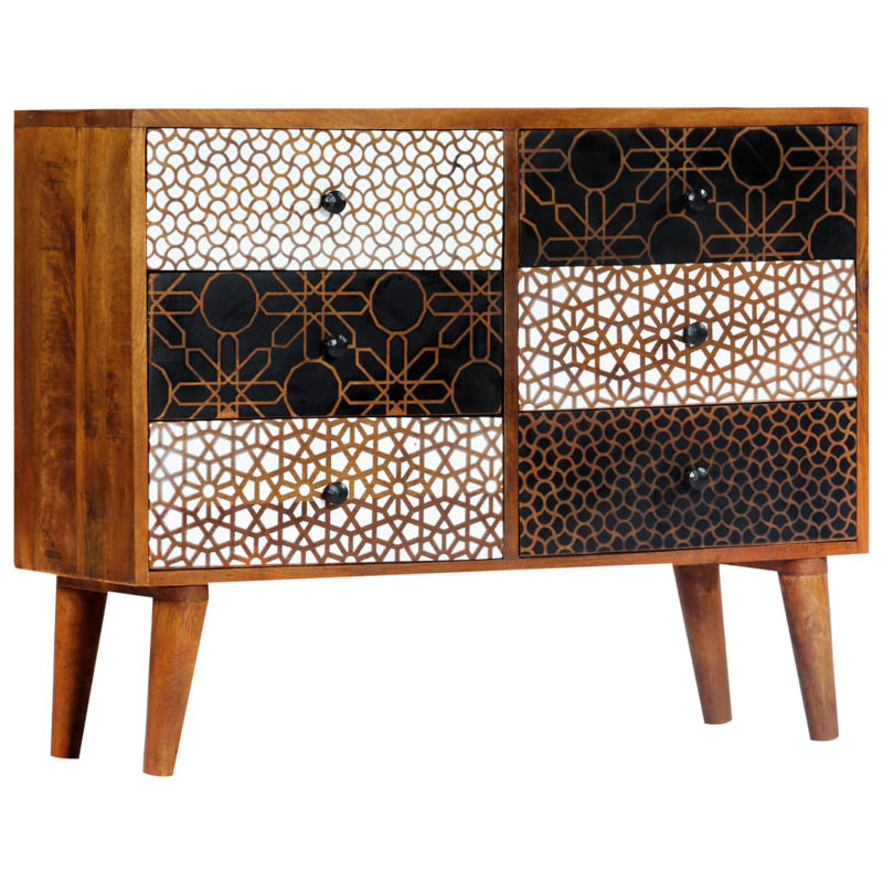 Buffet avec motif imprimé - Armoire de rangement en bois de manguier massif de 35,4 po de hauteur, 27,6 po