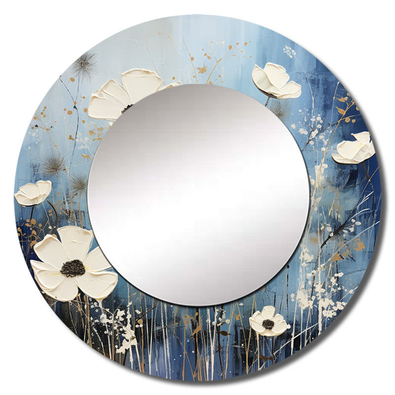 Champ de fleurs blanches et bleues - miroir fleurs blanches, art mural en métal imprimé, 36 po x 36 po