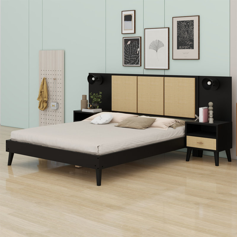 Structure de lit en bois avec 2 tables de chevet et design élégant avec lampes, Noir