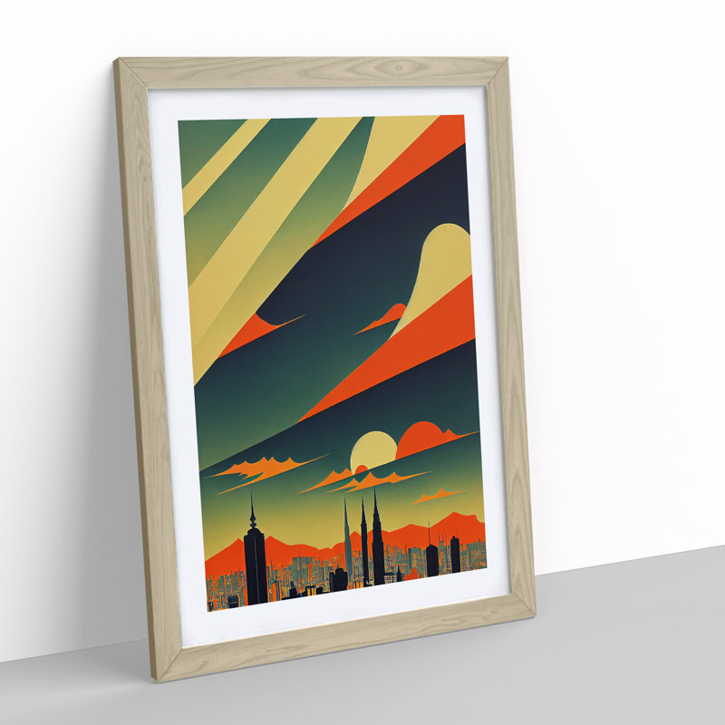 City Skyline Deco No.2 - Single Picture Frame Print, 64cm H x 46cm W x 2cm D, Oak