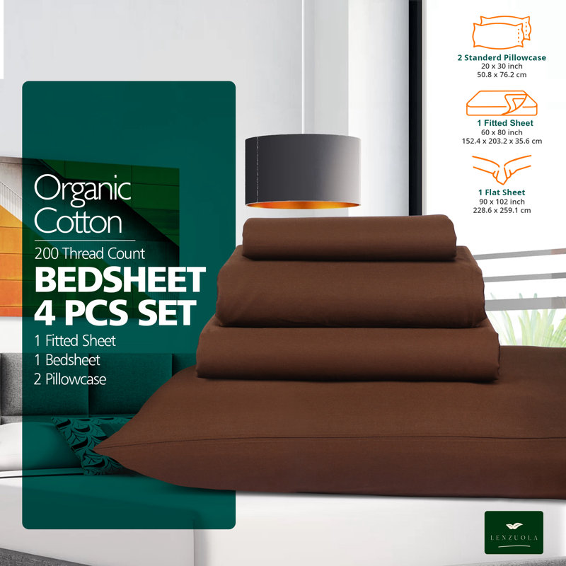 Ensemble de draps 100% satin de coton 200 fils respirant et rafraîchissant, Grand, Brun choco