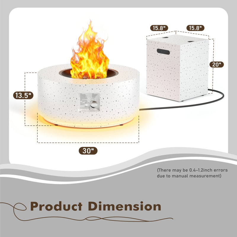 30'' Round Steel Propane Smokeless Fire Pit Table With Golden Light, Spotted White