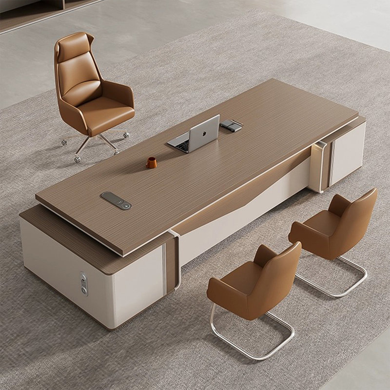 Bureau de direction italien luxueux brun chaud et beige clair à deux tons, table de qualité supérieure pour chef de la direction et responsable