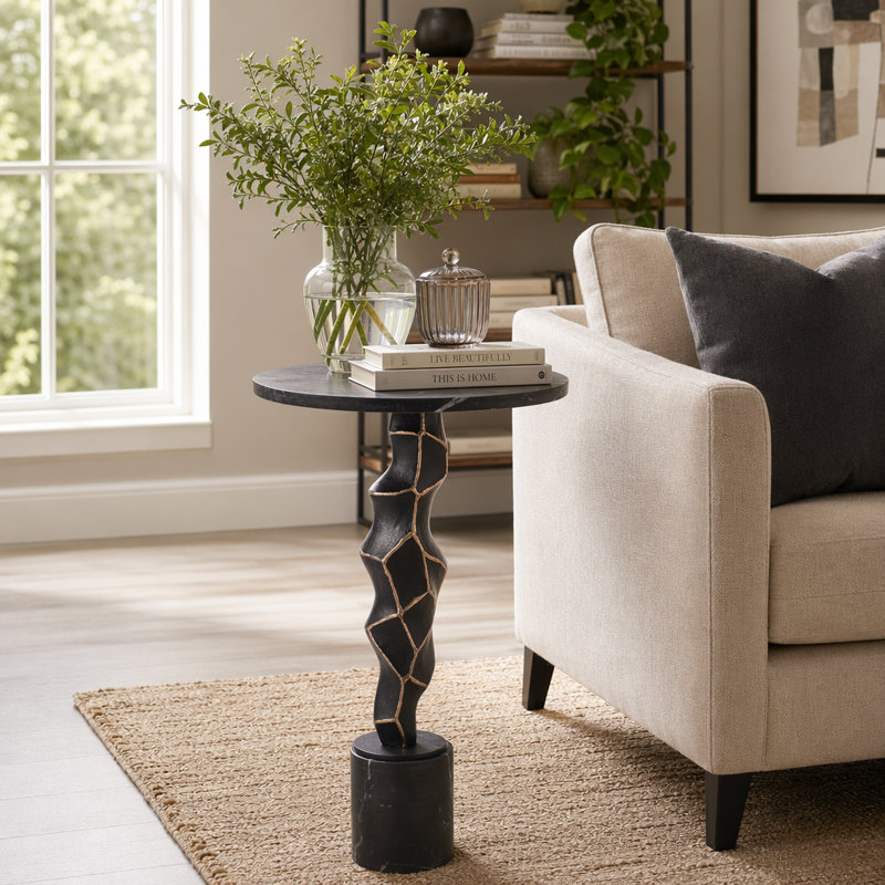 Lagretta Modern Metal and Marble Accent Table with Sculptural Aluminum Base, Contemporary Side Table with Sleek Design and Elegant Stone Top for Home Decor