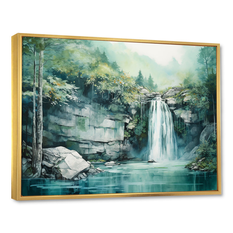 «Waterfall Cliff Scenery Magic» sur toile, Cadre flottant doré, H 34 po x l 44 po x P 1,5 po