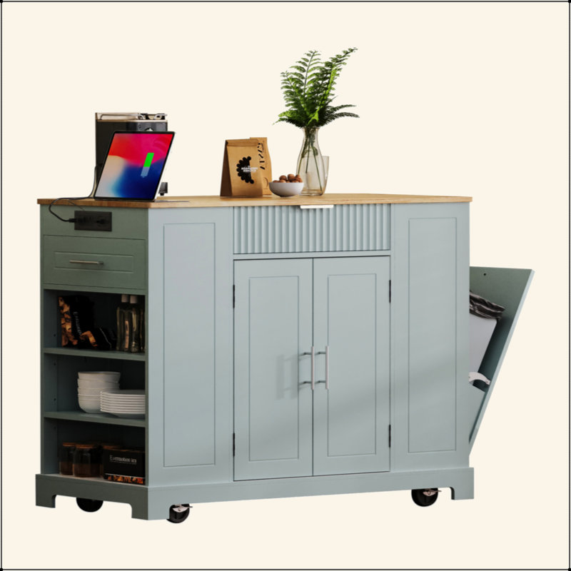 Fluted Kitchen Island With Trash Can Storage Cabinet, Power Outlet, Internal Storage Rack, Rolling Kitchen Islands On 5 Wheels With 3 Drawer, 3 Open Side Racks For 10 Gallon Garbage Bin