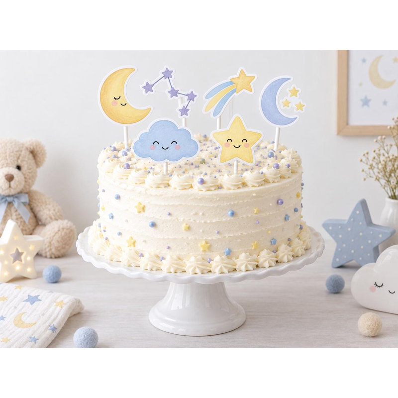 Décorations de gâteaux pour chambre d'enfant sur le thème de la lune et des étoiles, figurines de gâteau célestes bleu lilas pour fête prénatale, pics en carton
