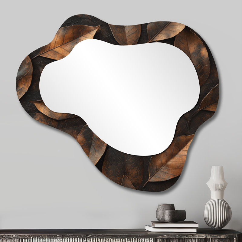 Miroir décoratif asymétrique brun, sable et feuilles I - Leaves, 25 po x 28 po
