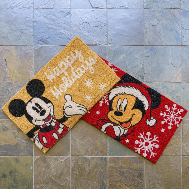 Licensed Disney Mickey Mouse Santa Happy Holidays Christmas Coir Door Mat 2-Piece Set