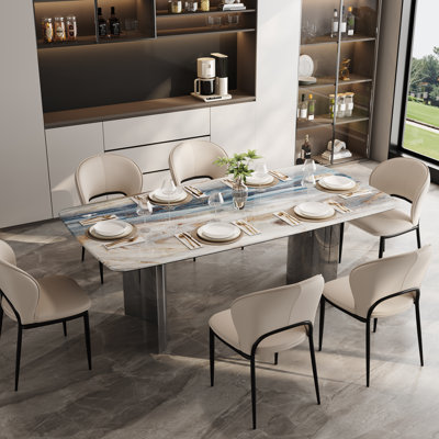 7-Piece Modern Dining Table Set, 63" Rectangular Faux Marble Top Dining Table With 6 Upholstered Chairs, Contemporary Kitchen Dining Room Set