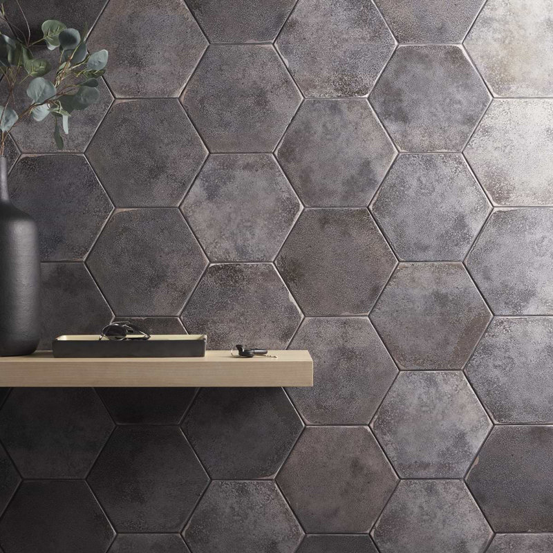 Kalay 9" Hexagon Polished Porcelain Tile, Antracite