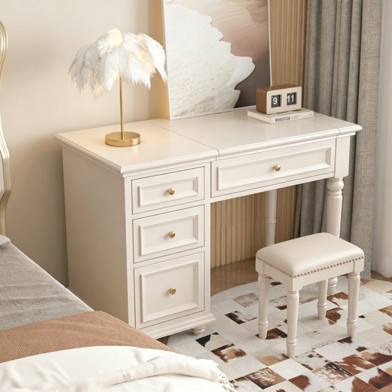 Coiffeuse 2-en-1 American Vintage 120 cm – Structure en bois de bouleau, meuble en panneaux de particules de bois massif, miroir de rangement dissimulé, pieds de style colonne romaine, table de maquillage et bureau