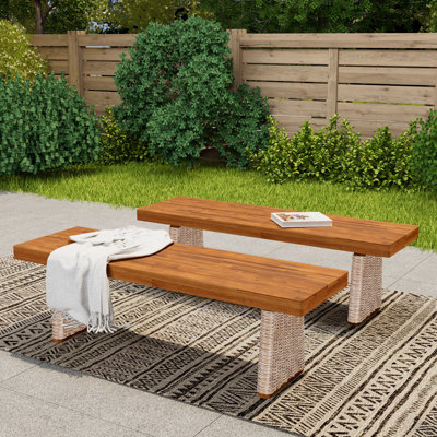 Henry Outdoor Acacia Wood Dining Bench With PE Wicker Legs by Bay Isle Home