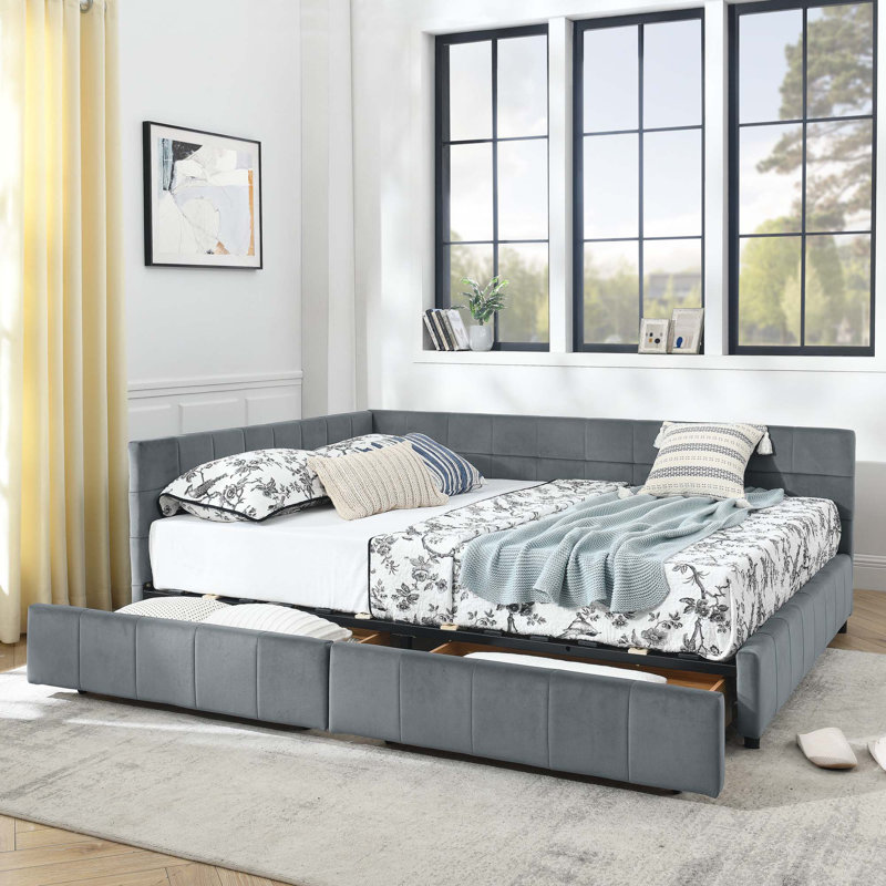 Grand lit capitonné avec rangement capitonné, cadre de canapé-lit avec dossier et accoudoirs confortables, grand lit pour chambre à coucher, salon