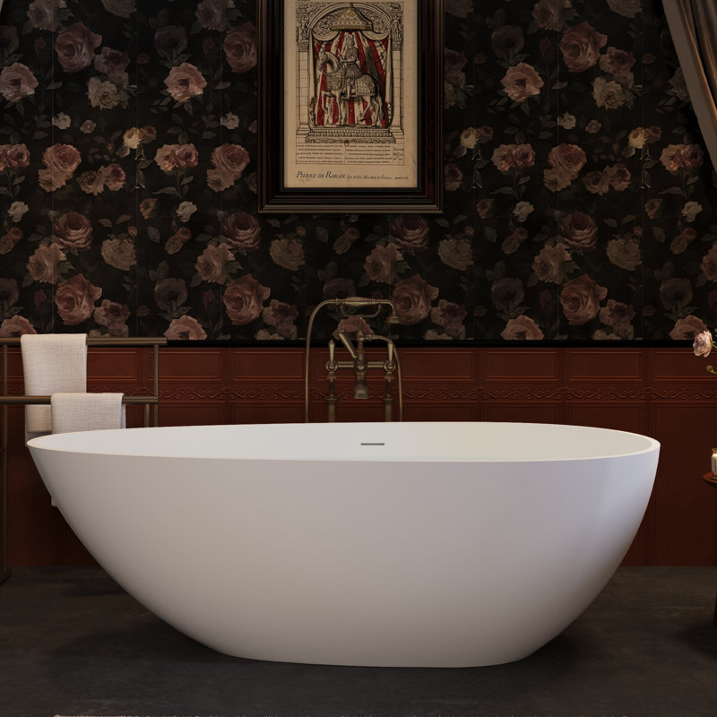 59" Freestanding Solid Surface Soaking Bathtub Stone Resin with Overflow and Pop-up Drain, Matte White
