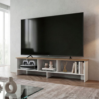 Meuble télé moderne pour téléviseur de 60 pouces, centre de divertissement en bois blanc et naturel avec tablettes de rangement ouvertes pour le salon et console multimédia