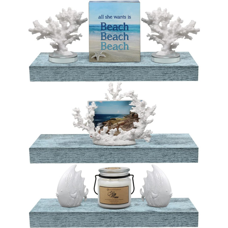 Floating Shelves For Wall - 3 Pack Coastal Beach Wall Decor For Bedroom, Bathroom, Living Room, Office, Home & Kitchen - White/Grey/Blue Rustic Wood Hanging Wall Shelf For Books, Frames, Trophy