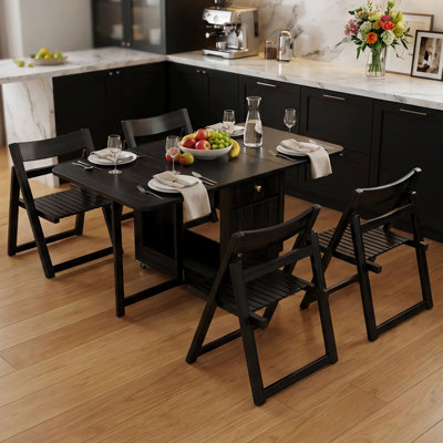 Folding Dining Table And Chairs, Space Saving Drop Leaf Kitchen Table With 4 Chairs And Storage, 59.06" Extendable Small Dining Room Table With Wheels, No Assembly Required Solid Wood (black)