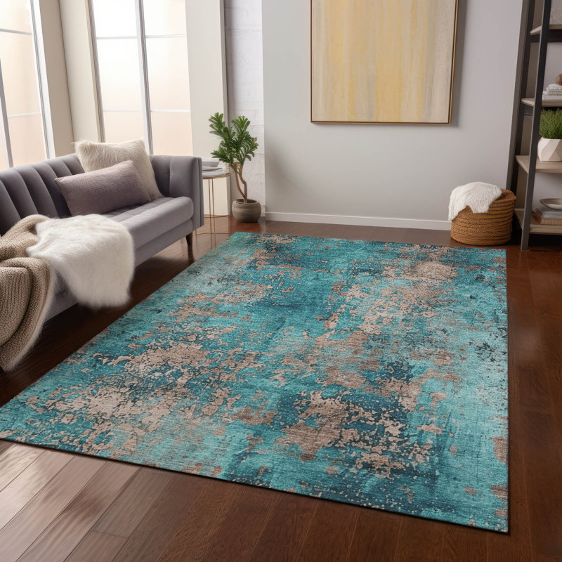 Machine Washable Indoor/Outdoor Xhevrie Teal Rug, Rectangle 10' x 14'
