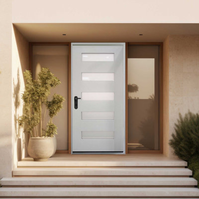 5-LITE Shaker Acid Etch Fiberglass Door Painted Gray In-Swing