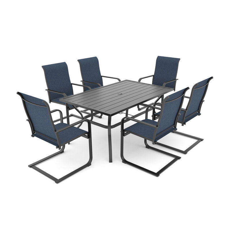6 - Person Patio Dining Set With C-spring Dining Armchairs, Blue