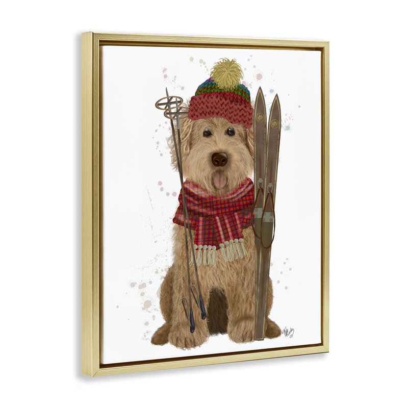 «Dog with Winter Skis» par Fab Funky, H 31 po x l 25 po, Cadre flottant métallique doré