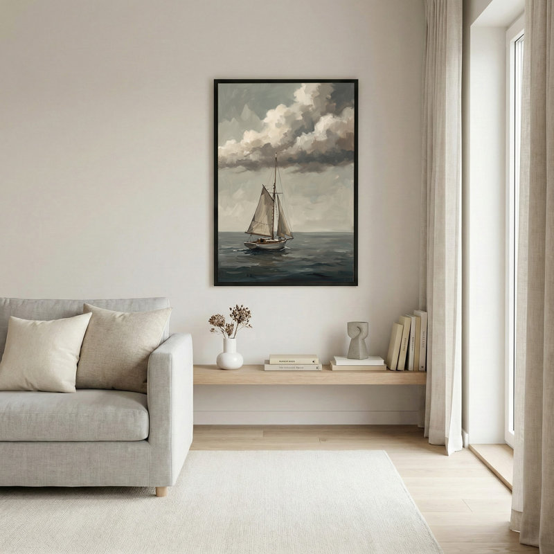 Voilier sur un océan gris sous de lourds nuages, art mural, 18"H x 12"W