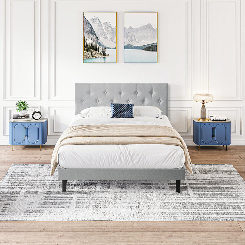 Base de lit tapissier grand format avec tête de lit en lin capitonné moderne, Gris clair, Grand lit