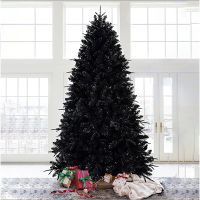 Arbre de Noël noir de 7 pi avec 450 lumières DEL blanches, arbre artificiel PE + PVC à 1916 pointes pour décoration d'Halloween et des Fêtes, structure à charnières avec support en métal stable