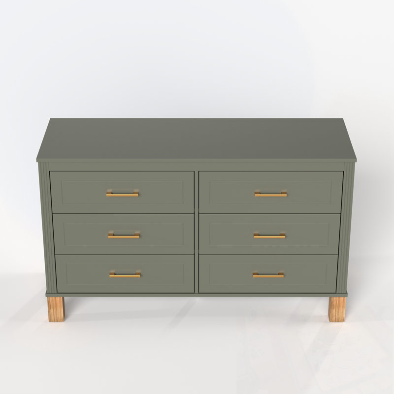 Meuble de rangement moderne Ã  6 tiroirs avec poignÃ©es en mÃ©tal, Olive Green