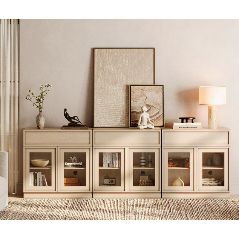 Armoire d'appoint moderne avec 6 portes en verre et tiroir, commode d'appoint multifonctionnelle avec grand rangement et tablette réglable