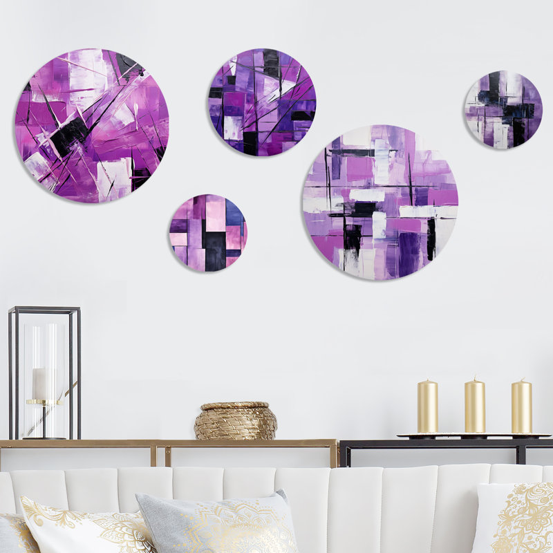 Tachisme cubique mauve brossé 4 - Tachisme, ensemble de 5, art mural moderne éclectique en métal, ensemble de 5