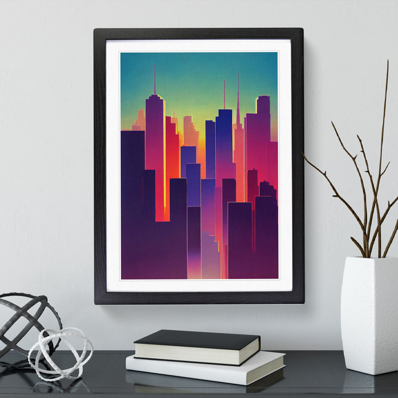 Bright City Skyline - Print, 66cm H x 48cm W x 2cm D, Black Framed, White