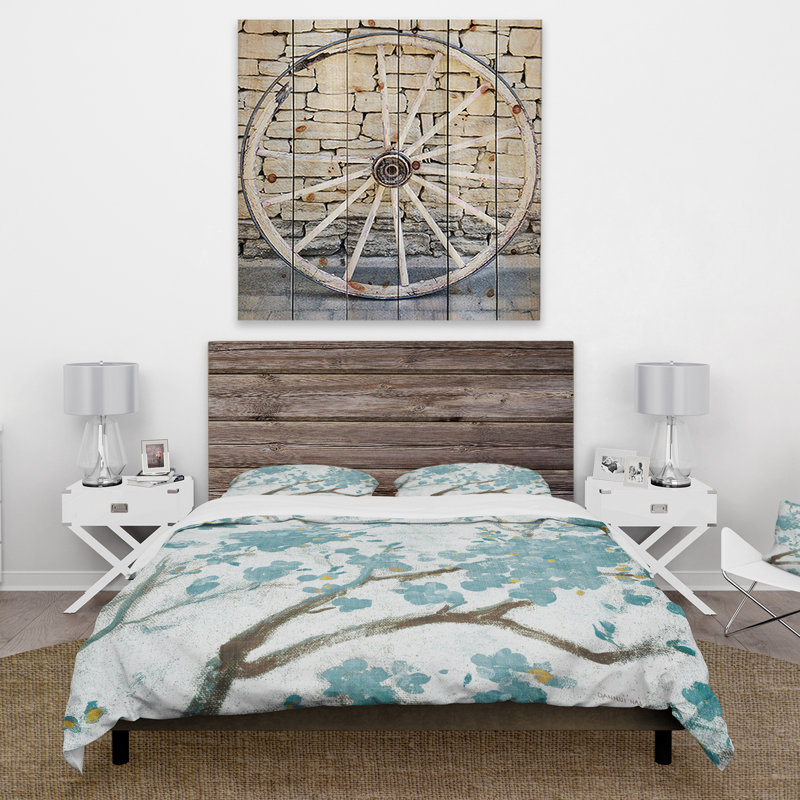 Floral Duvet Cover Set - Cherry Blossoms I Farmhouse, King Duvet Cover + 2 Shams