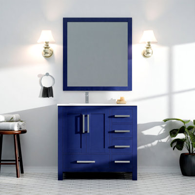 Meuble-lavabo 36 po X P 22 po D, dessus en quartz blanc décalé à gauche, ensemble de robinet et Miroirs