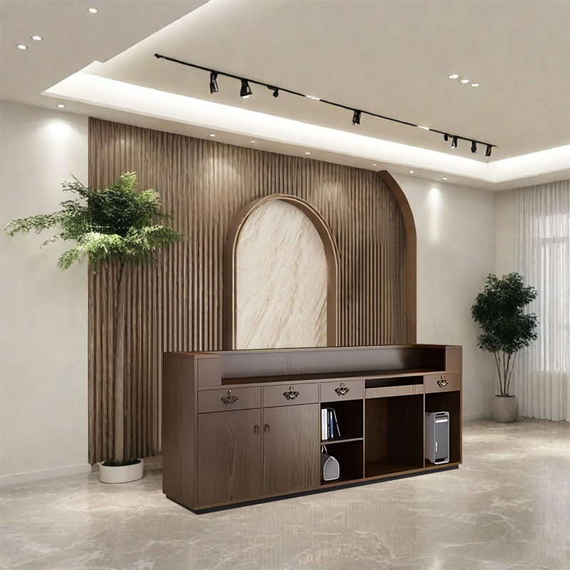 Vintage Rectangular Front Desk with LED Light Strip and Versatile Storage Solutions
